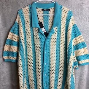 NWT 3X Open Knit Nova Men Feel-The-Breeze New Beach Shirt 90s Retro Teal & White